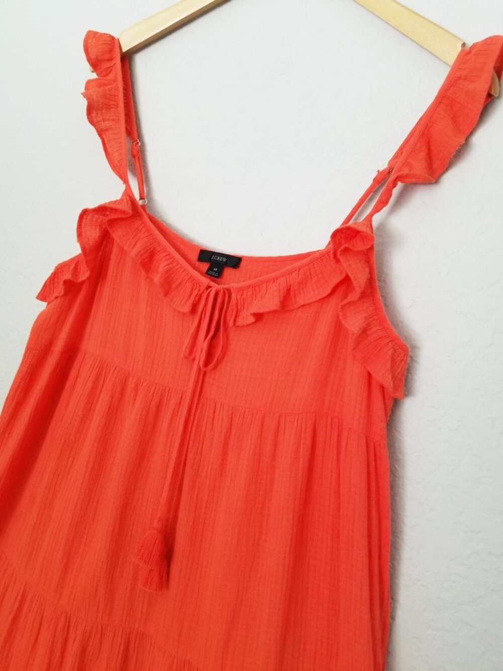 J. Crew Tiered Ruffle Maxi Dress M Crinkle Gauze 100% Cotton Red Orange $128 - Picture 8 of 16